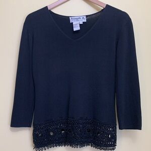 Joseph A || Black Embroidered Beaded Lace V-Neck Pullover Lightweight Knit Top S